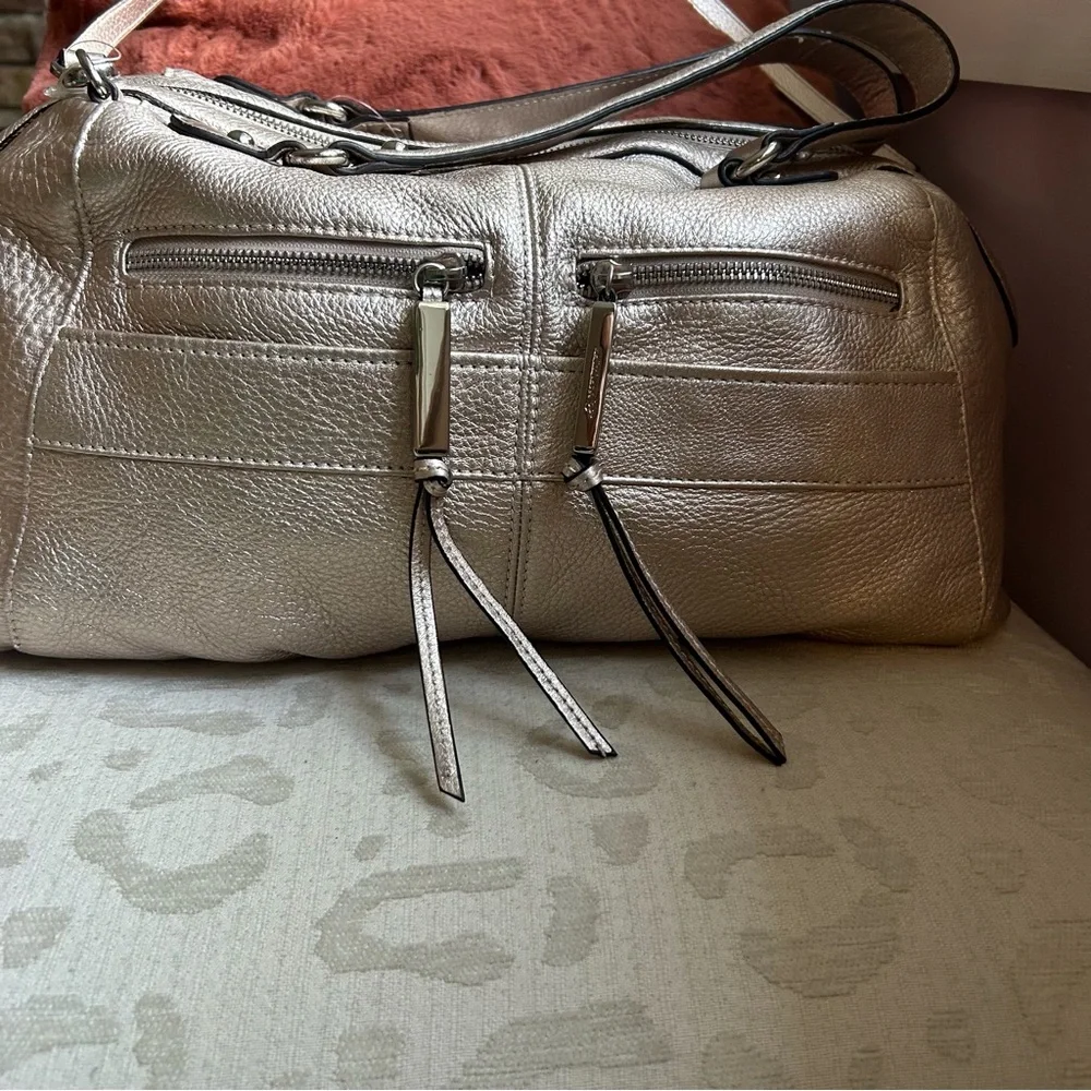 B.Makowsky Champagne Metallic Satchel Leather Crossbody Bag